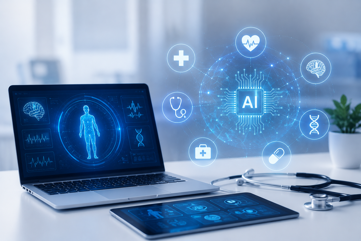 Best AI tools for healthcare in 2026, laptop and tablet displaying AI-powered medical technology with heart, brain, and DNA icons